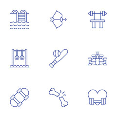 Sports icons set. Thin Line style, editable stroke. archery, baseball, broken bone, excercise, formula one, heart, pool, rings, skating