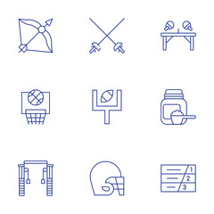 Sports icons set. Thin Line style, editable stroke. arrow, basketball, cable crossover, fencing, goal post, helmet, ping pong, protein, running track