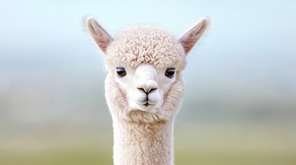 Fototapeta premium Fluffy Alpaca Portrait, Farm Background, Cute Animal