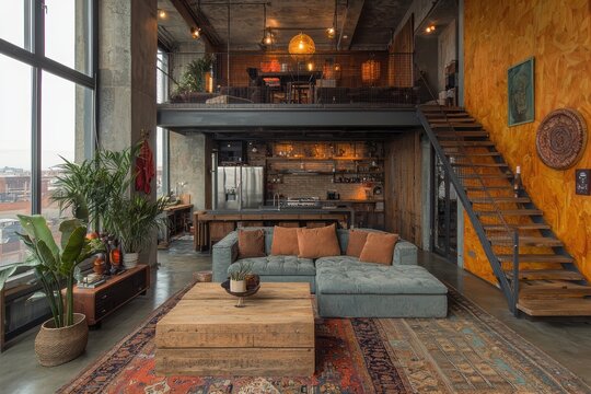 Modern industrial loft with steel-framed windows urban environment interior design contemporary style - Powered by Adobe