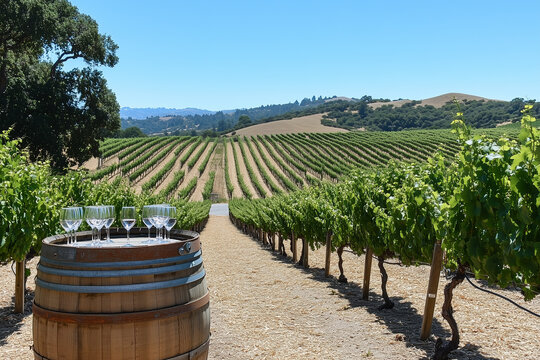 Wine glasses on wine barrel in vineyard in France - Powered by Adobe