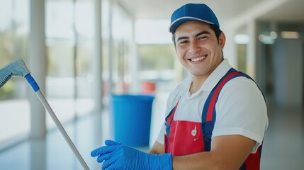 Cleaning professional smiling while working in modern commercial space with mop, gloves, and uniform, showcasing commercial cleaning services.