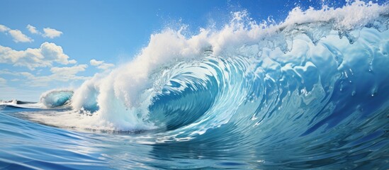 Majestic Ocean Waves Crashing Under Bright Blue Sky and Clouds