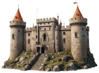 Stone Castle on Rocky Hilltop, transparent background png