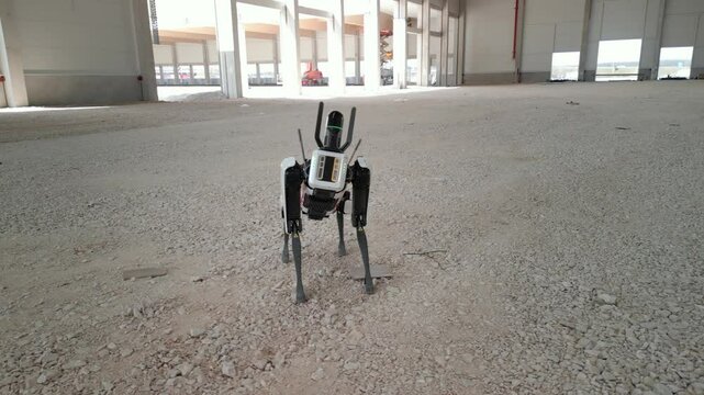 Robotic dog standing on gravel inside an industrial construction site under development