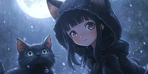 Anime cute teenager girl with black cat, moonlit fantasy landscape, magical night scene, dreamy wallpaper backdrop