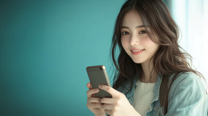 Fototapeta premium A young woman smiling while using her smartphone in a cozy atmosphere.