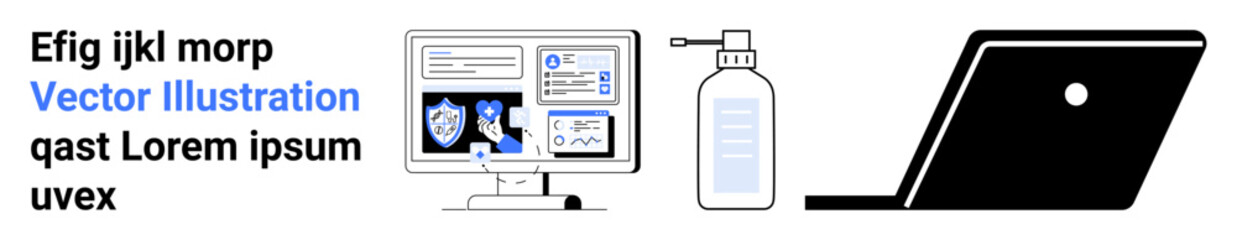 Desktop monitor showcasing security elements and analytics, sanitizer bottle for hygiene, sleek laptop for productivity. Ideal for cybersecurity, tech hygiene, remote work, online data protection