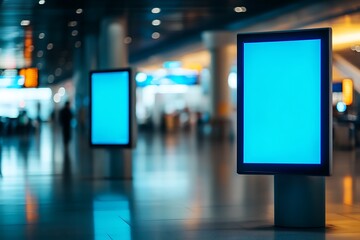 Blank Digital Signage in Airport Terminal۔ Multiple portrait advertising digital poster screens indoors ideal for airport or shopping mall mock up with blurred people around walking. front view of