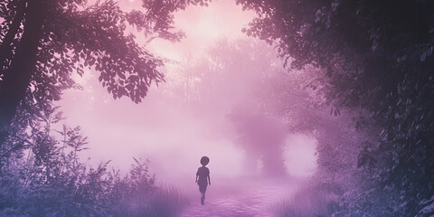 Misty anime fantasy woodland, foggy forest landscape, boy and girl walking, magical nature scene, dreamy wallpaper background