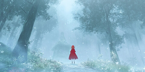 Misty anime fantasy woodland, foggy forest landscape, boy and girl walking, magical nature scene, dreamy wallpaper background