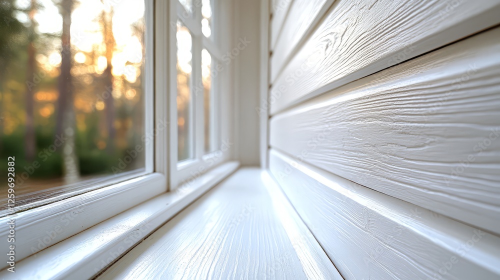 Aufkleber close-up view of a white window sill with natural light filtering through.