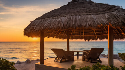 A thatched-roof gazebo on the beach, featuring chairs and a table, creating a picturesque sunset setting in a tropical paradise.