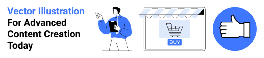 Man pointing at storefront, shopping cart in screen, thumbs-up icon emphasizing e-commerce. Ideal for business, marketing, shopping, strategy, online sales, customer experience flat landing page