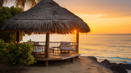 Fototapeta premium A thatched-roof gazebo on the beach, featuring chairs and a table, creating a picturesque sunset setting in a tropical paradise.