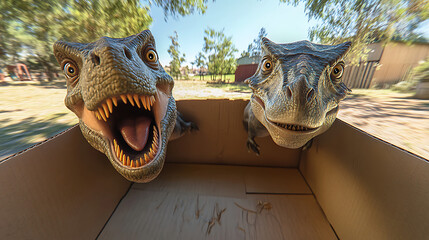 Two Tyrannosaurus Rex Dinosaurs Emerging From Cardboard Box Outdoors