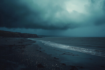 Dramatic thunderstorm approaching a sandy beach, dark clouds, distant lightning, calm waves, and impending weather