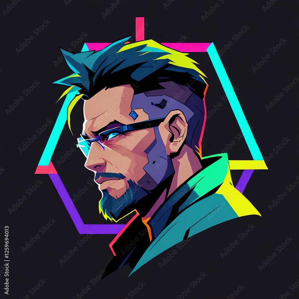 Wall mural Cyberpunk Portrait: Neon-Drenched Man with Futuristic Glasses