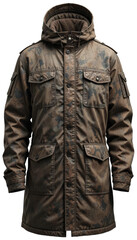 Obraz premium Hooded camouflage parka with multiple pockets, transparent background png