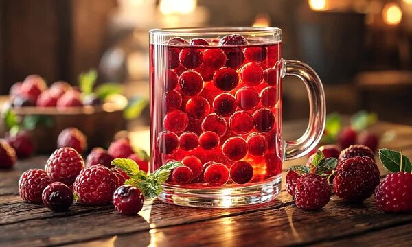 Refreshing glass of raspberry drink with fresh berries on wooden table, cozy background ambiance