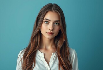 Fototapeta premium Portrait of a female student with brown hair and green eyes