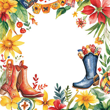 Vibrant Floral Border With Boots For Hispanic Day Celebration