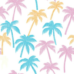 Obraz premium Minimalist retro-style risograph pattern featuring pastel-colored palm trees on a clean studio white background. A modern yet nostalgic design, perfect for prints, textiles, and trendy graphic project