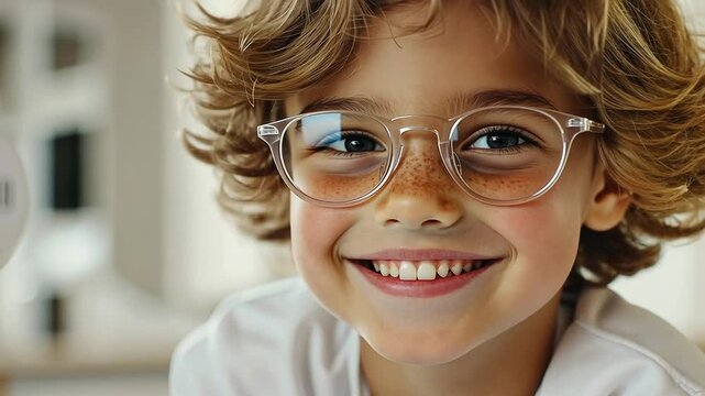 Young Boy in Glasses at Ophthalmology Clinic Eye Test