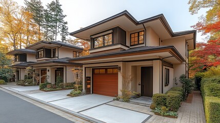Fototapeta premium Modern homes surrounded by vibrant autumn foliage in a serene neighborhood.