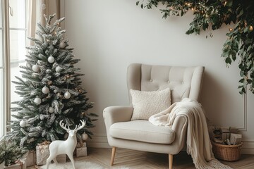 Modern living room with white wall, Christmas tree, grey armchair, and white reindeer figurine, cozy New Year indoor home decor.