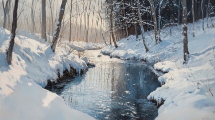Fototapeta premium Winter stream, snowy forest, sunlit banks, tranquil scene, nature calendar