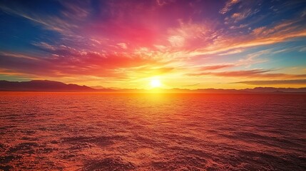 Fototapeta premium Vibrant Sunset Over Desert Landscape With Mountains
