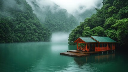 Fototapeta premium Misty mountain lake house, serene foggy landscape, tranquil getaway
