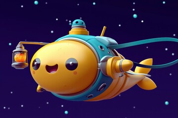 Adorable Cartoon Submarine Exploring the Cosmos with Lantern