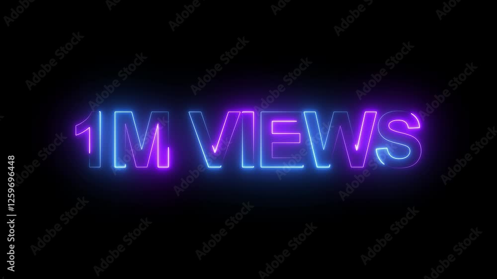 Poster 1m views text animation by cyan pink color neon on black background. social media views counter - 1m