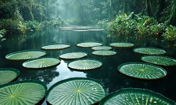 Serene lily pads floating on a tranquil forest lake, surrounded by lush greenery and misty atmosphere