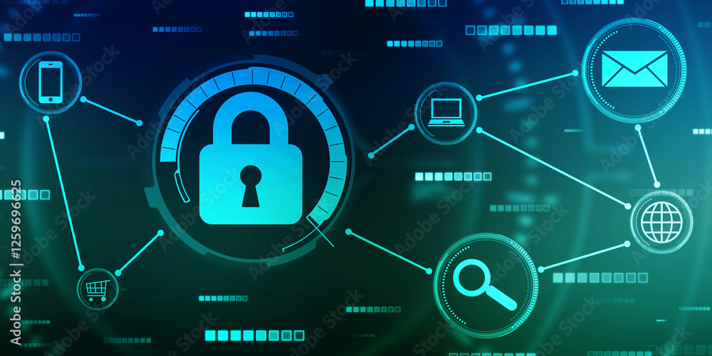 Poster closed padlock on digital screen with flowing binary codes, cyber security and safety information, p