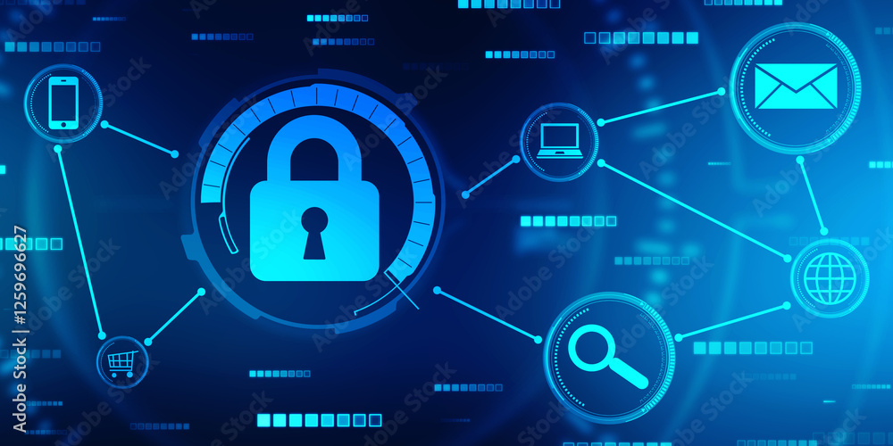 Poster closed padlock on digital screen with flowing binary codes, cyber security and safety information, p