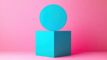 Obraz premium Abstract Geometric Composition Featuring Blue Circle atop Pink Cube Against Vibrant Background