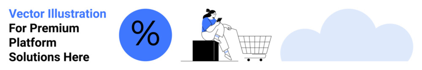 Woman seated on black block browsing mobile near shopping cart, blue percentage sign, soft blue cloud. Ideal for e-commerce, discounts, online shopping, sales, retail platforms, offers flat landing