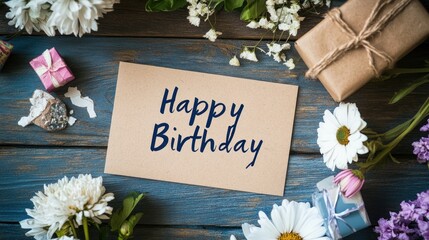 A festive birthday greeting card surrounded by gifts and floral decorations