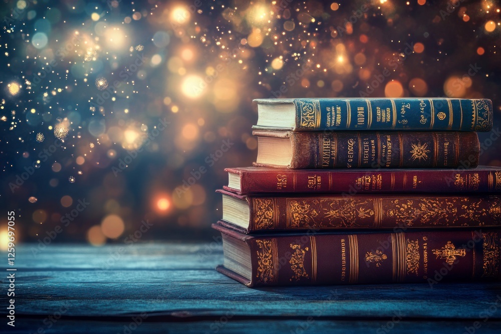 Poster stack of books on the table, with a blurred background and copy space for text or images
