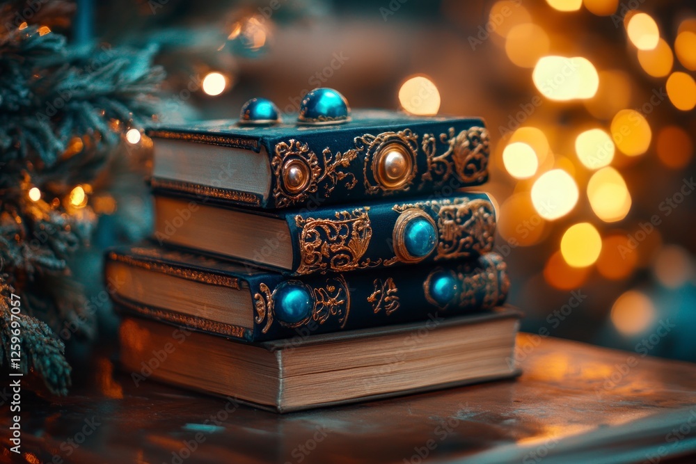 Poster stack of books on the table, with a blurred background and copy space for text or images