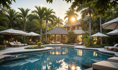 Obraz premium Tropical Oasis, Hidden Lagoon, Crystal Clear Waters, Exotic Escape A hidden tropical oasis with a crystal-clear lagoon surrounded by lush greenery, the sun