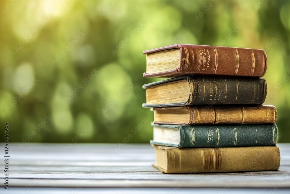 Poster stack of books on the table, with a blurred background and copy space for text or images