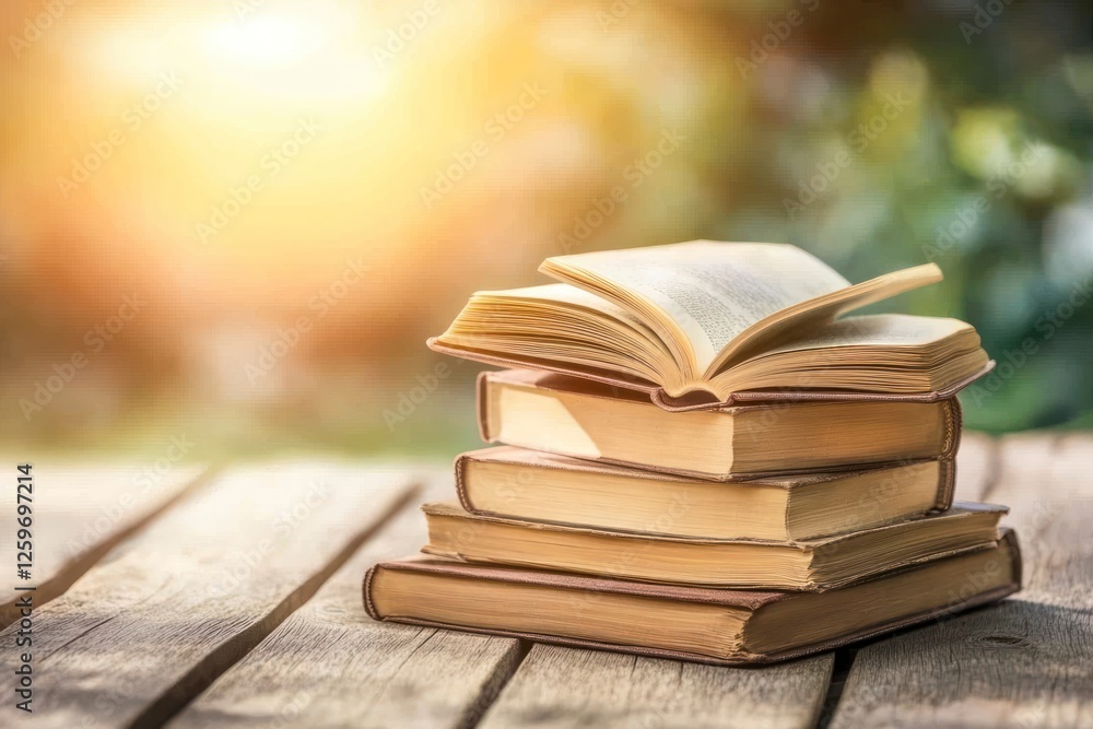 Poster stack of books on the table, with a blurred background and copy space for text or images