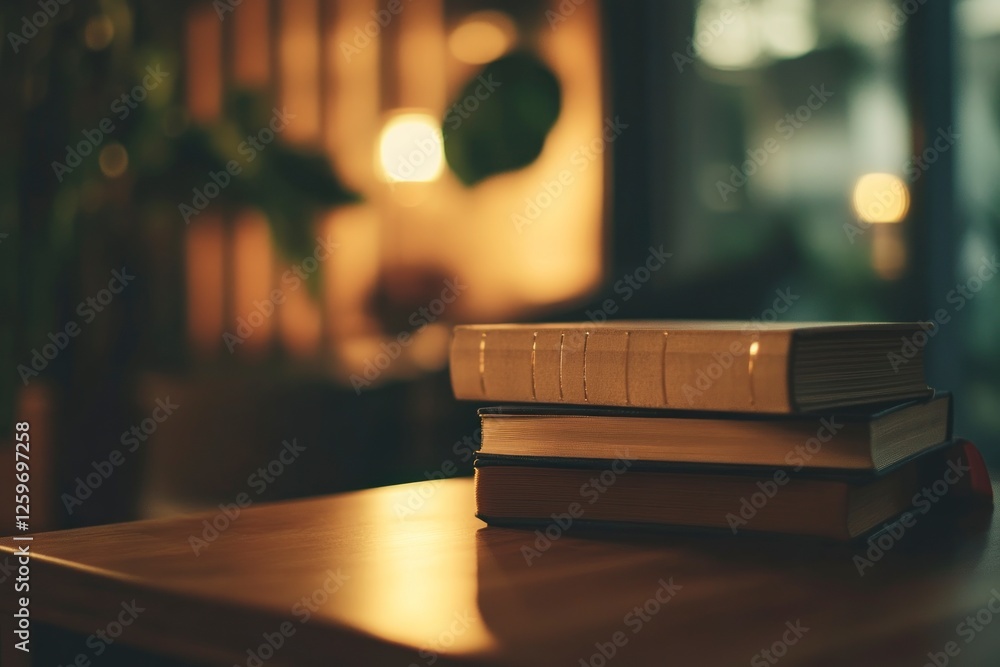 Poster stack of books on the table, with a blurred background and copy space for text or images