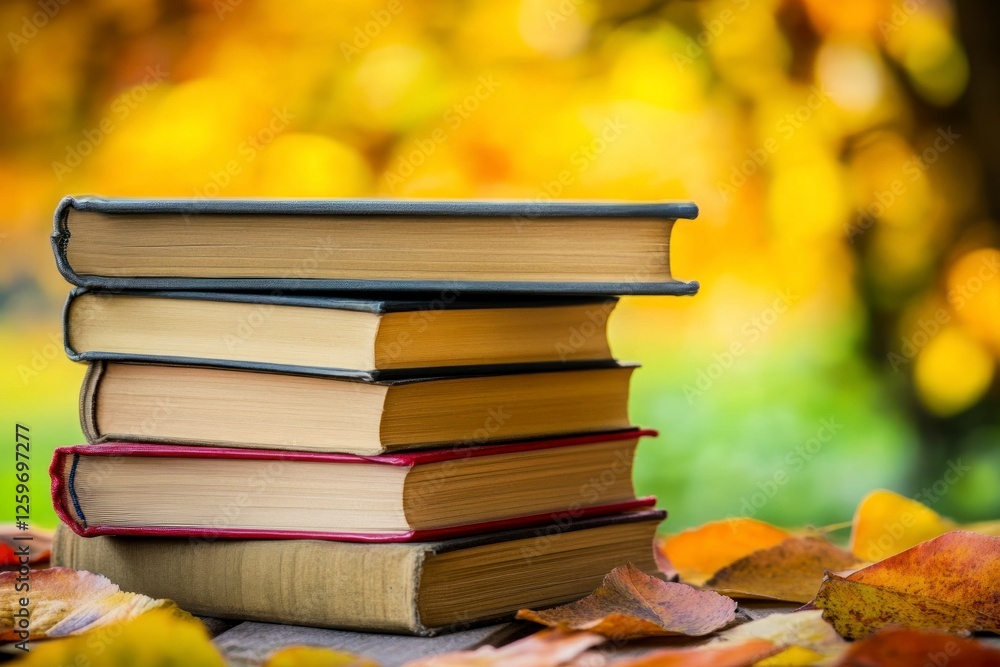 Poster stack of books on the table, with a blurred background and copy space for text or images