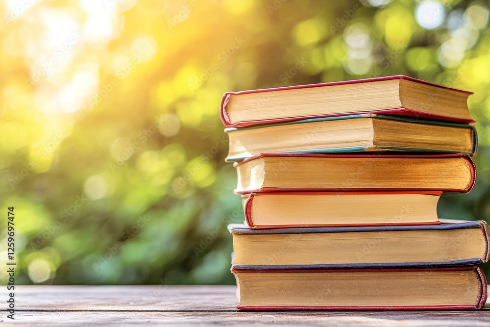 Poster stack of books on the table, with a blurred background and copy space for text or images