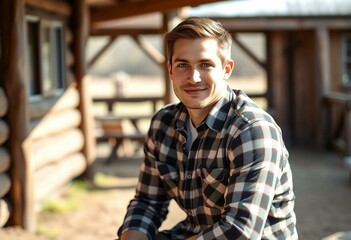 Obraz premium Male person in flannel shirt, outdoor setting